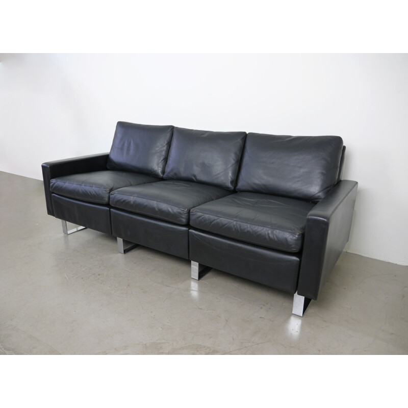 Vintage Black Leather Conseta Sofa by F. W. Möller for Cor Germany 1960