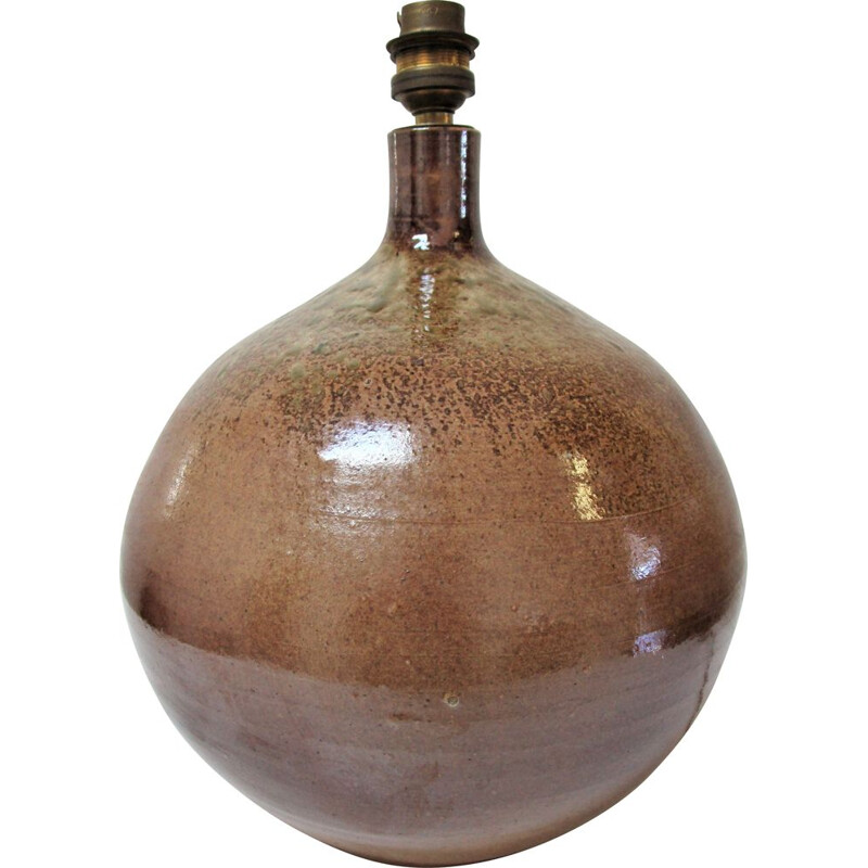 Lampe boule vintage céramique émaillée ocre brun kaki 1960