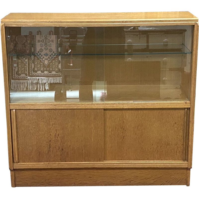 Vintage blond oak display case with sliding doors - English 1950