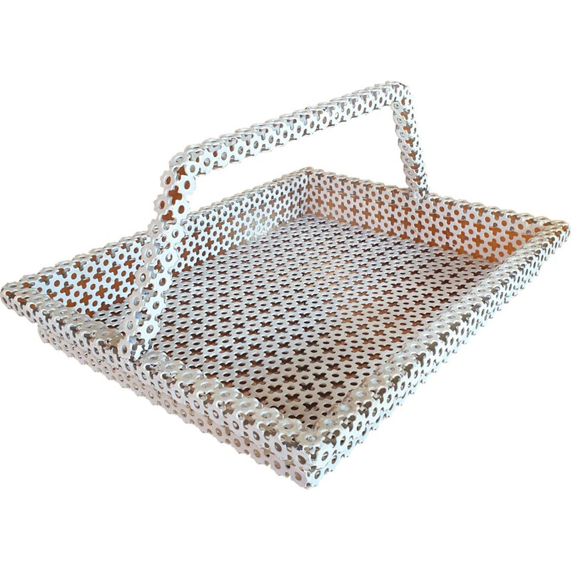 Vintage perforated metal and cream lacquered tray, 1950
