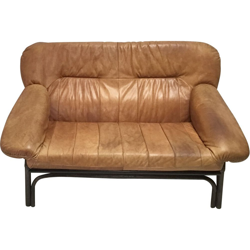 Scandinavian brown leather and bamboo sofa