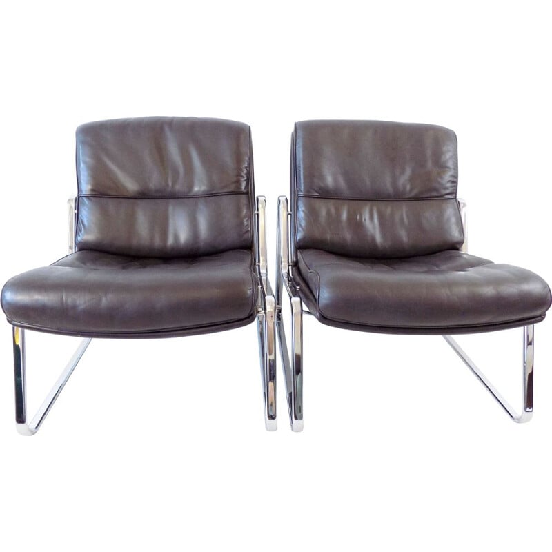 Pair of vintage brown leather lounge chairs Drabert by Gerd Lange