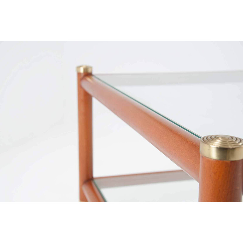 Vintage coffee table in wood, brass and glass for Maison Lancel, France 1965