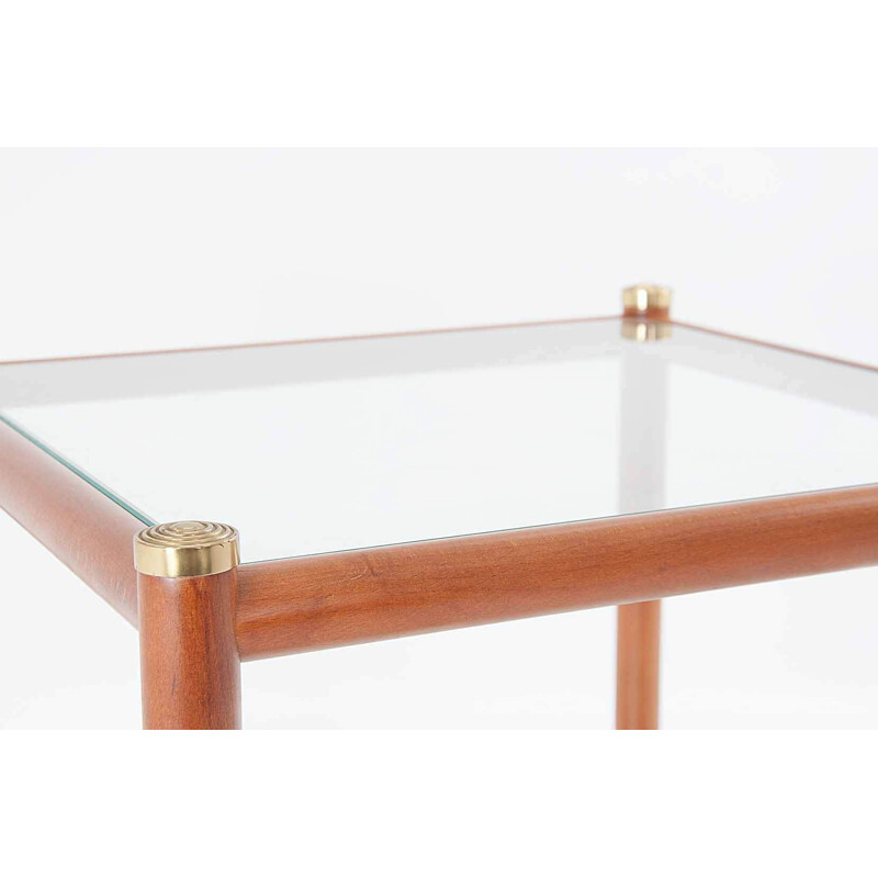  Vintage Wooden Table End Glass Brass Maison Lancel 1965
