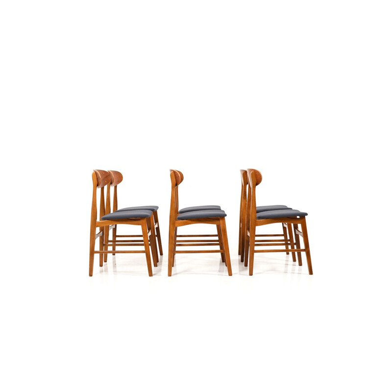 Set of 6 Mid Century Dining Chairs with Teak New Upholstered 1955