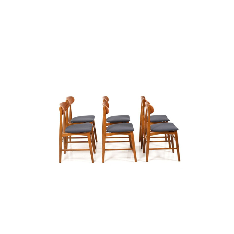 Set of 6 Mid Century Dining Chairs with Teak New Upholstered 1955