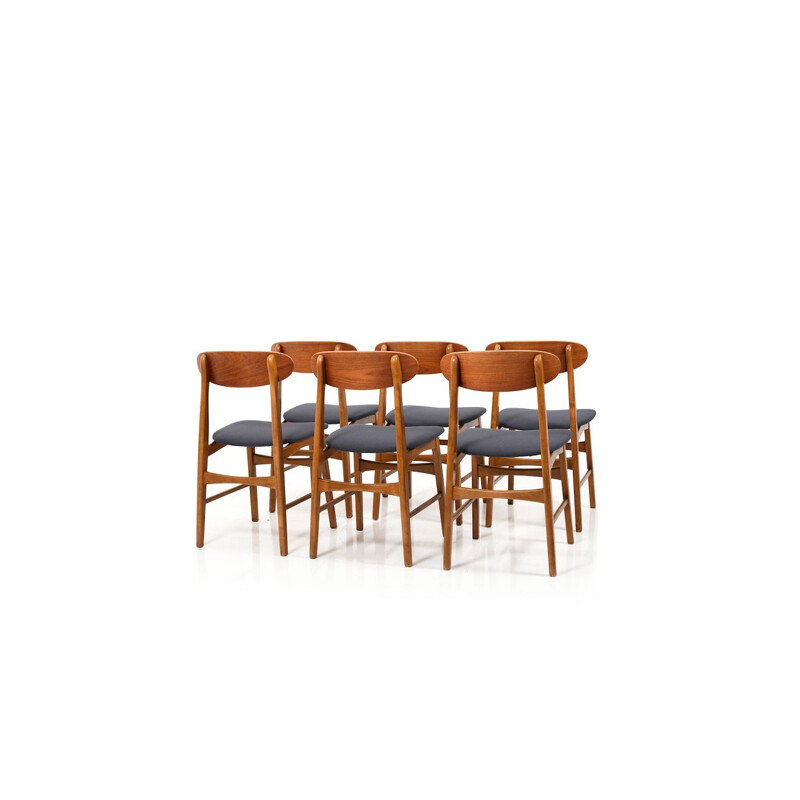 Set of 6 Mid Century Dining Chairs with Teak New Upholstered 1955