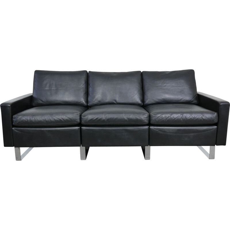 Vintage Black Leather Conseta Sofa by F. W. Möller for Cor Germany 1960