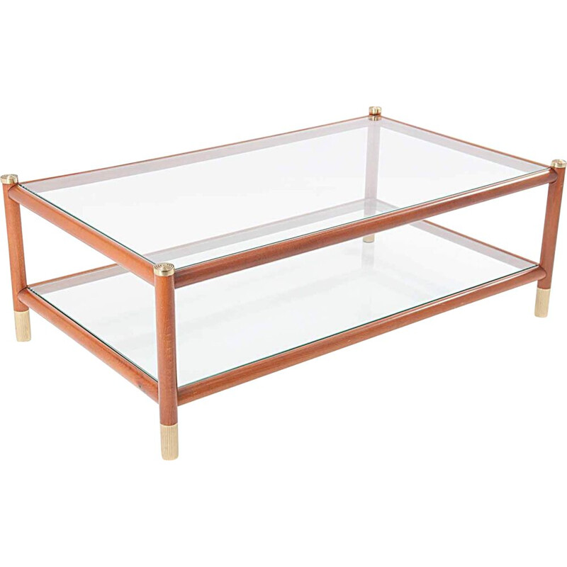 Vintage coffee table in wood, brass and glass for Maison Lancel, France 1965