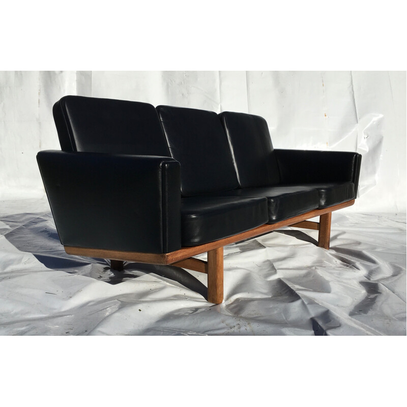 Vintage black leather sofa 3 seater H.J.Wegner Getama