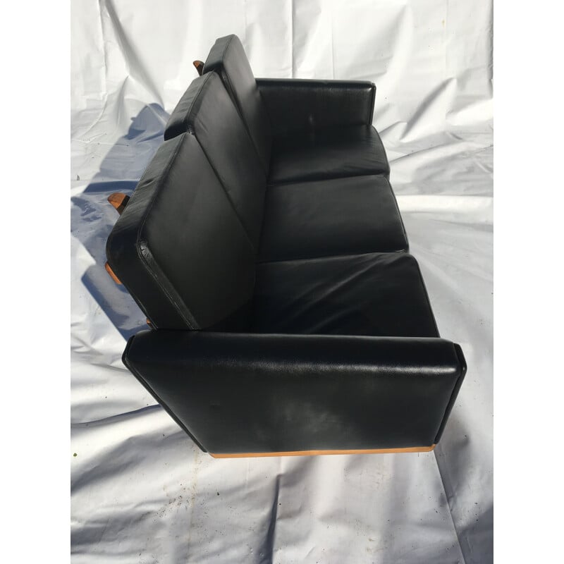 Vintage black leather sofa 3 seater H.J.Wegner Getama