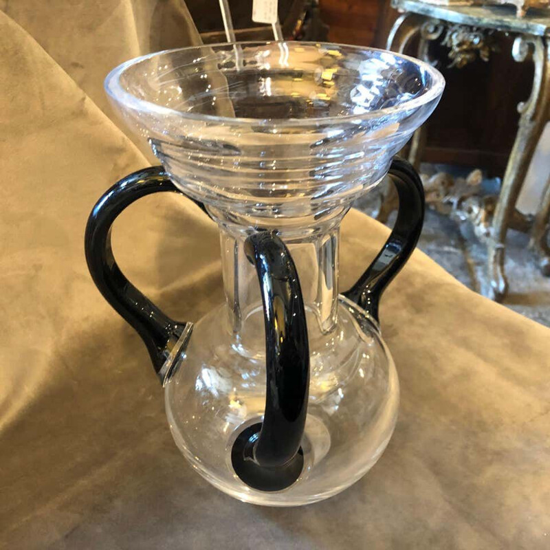 Vase vintage en noir et verre transparent, Italie 1970