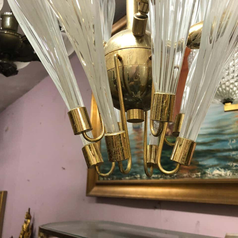 Mid-Century Brass and Murano Glass Pendant circa 1970