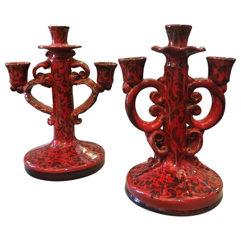 Two Vintage Hand Painted Baroque decorated Terracotta Sicilian Candelabras