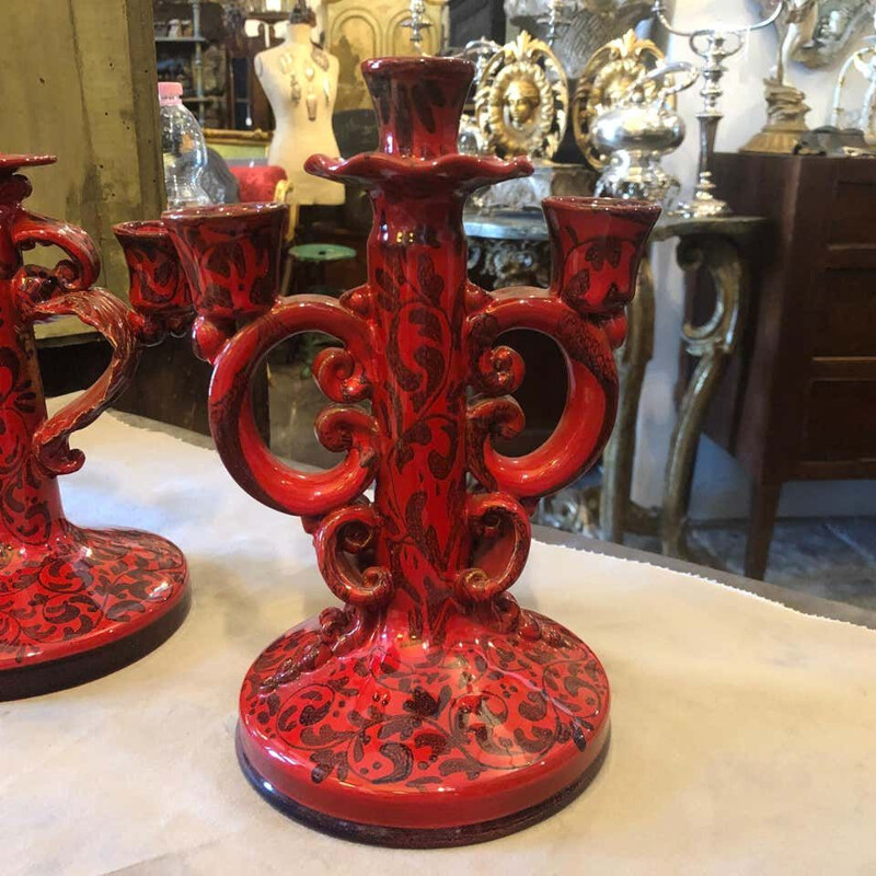 Two Vintage Hand Painted Baroque decorated Terracotta Sicilian Candelabras
