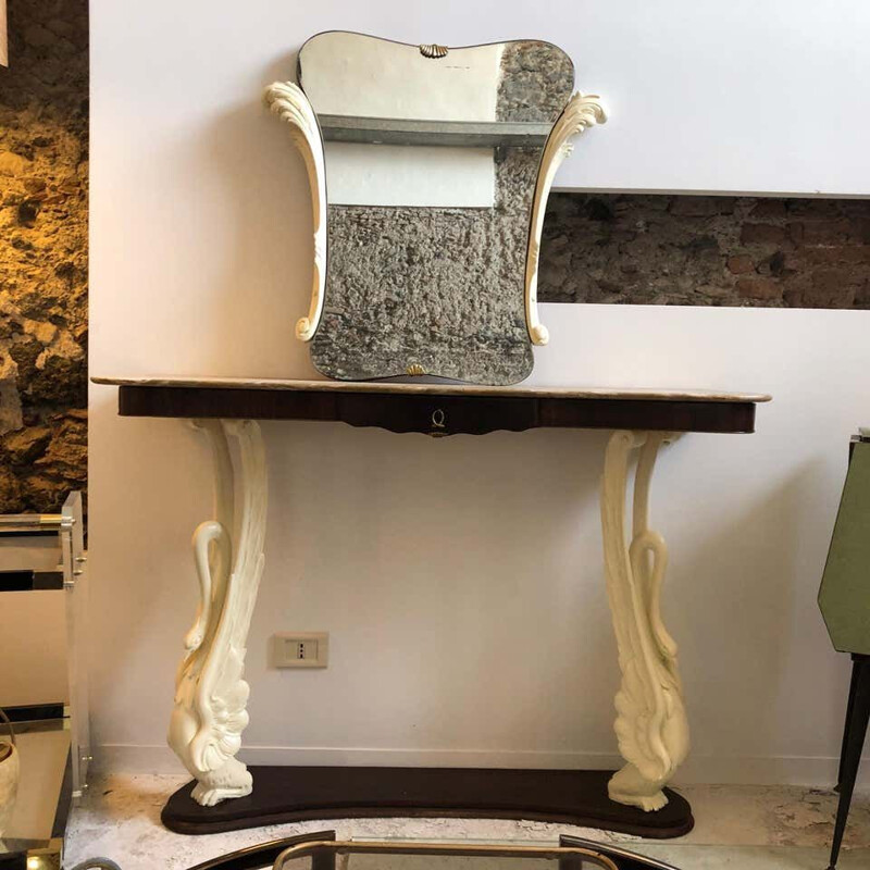 Mid-Century Rosewood and Marble Console and Mirror circa Italian 1950