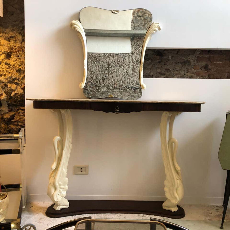 Mid-Century Rosewood and Marble Console and Mirror circa Italian 1950