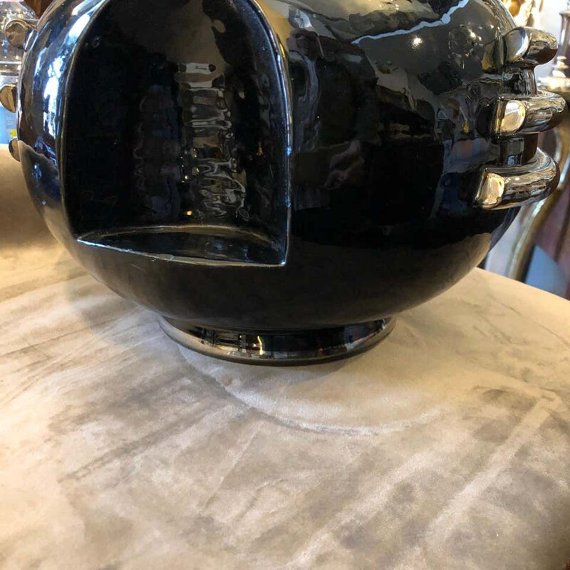 Vase vintage en céramique noire et argentée circa italien 1930