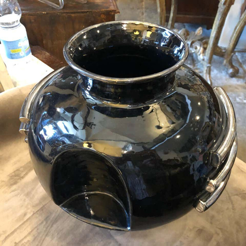 Vase vintage en céramique noire et argentée circa italien 1930