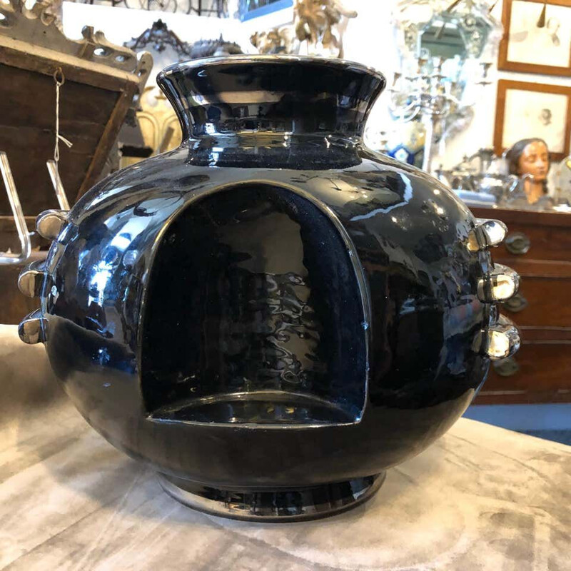 Vintage Black and Silver Ceramic Vase circa Italian 1930
