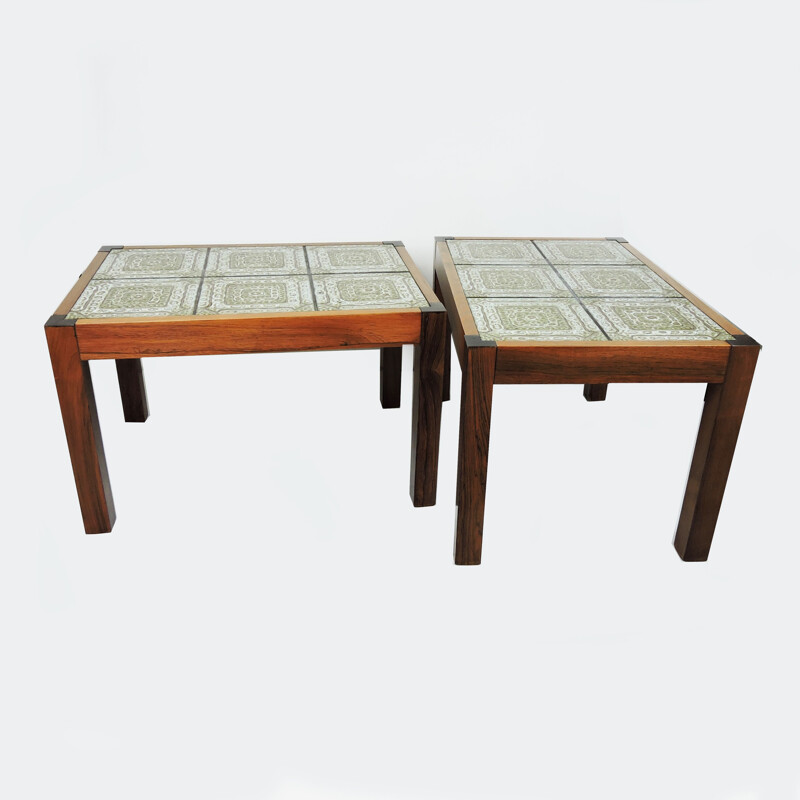 Vintage coffee table in rosewood and green tiles, 1970