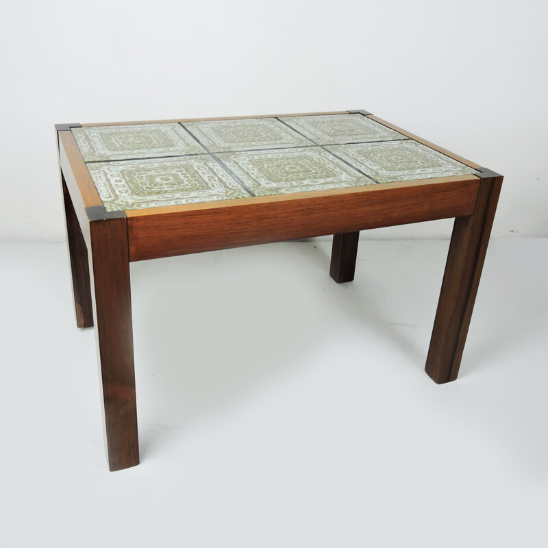 Vintage coffee table in rosewood and green tiles, 1970