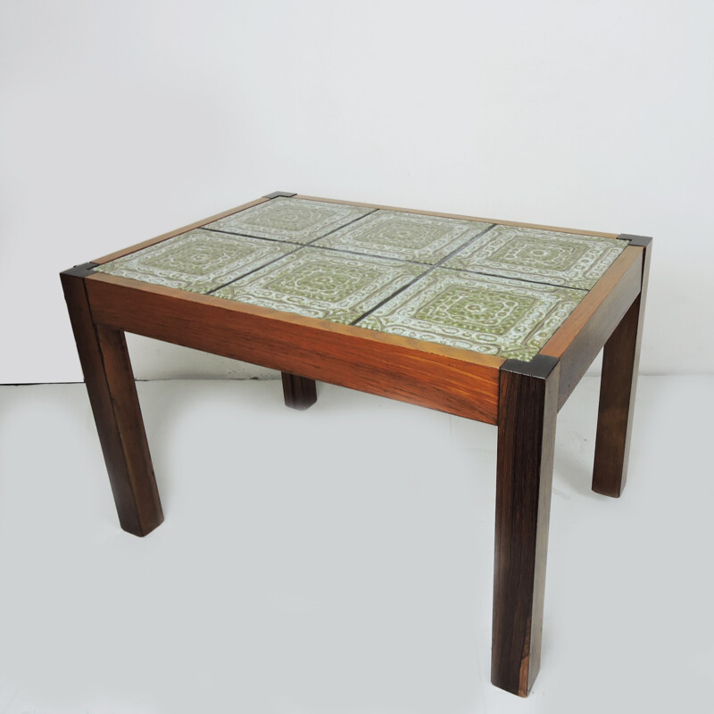 Vintage coffee table in rosewood and green tiles, 1970