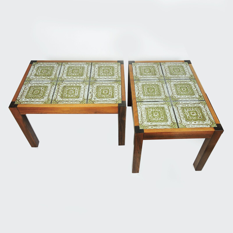 Table basse vintage en palissandre et carreaux verts, 1970