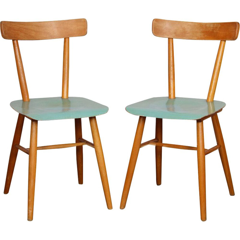 Pair of vintage blue chairs by Ton, 1960