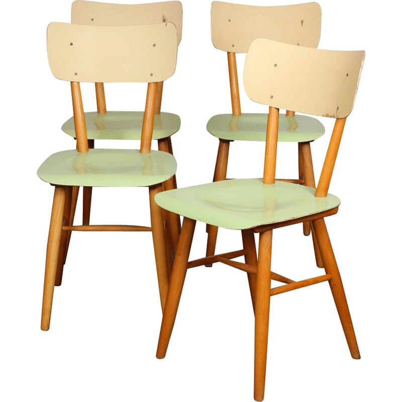 Set of 4 vintage green chairs by Ton, 1960