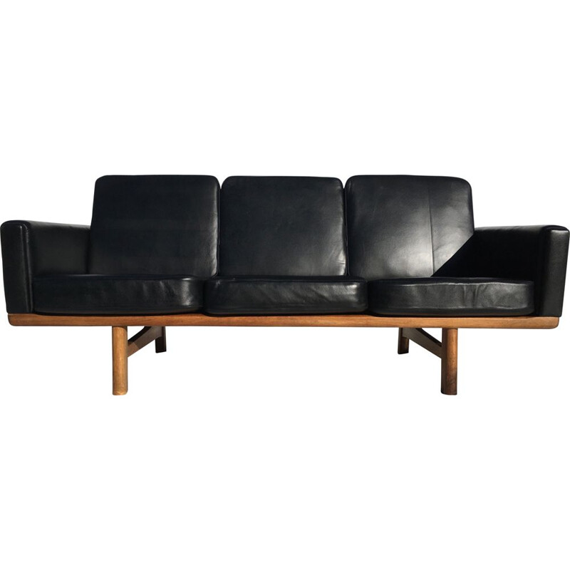 Vintage black leather sofa 3 seater H.J.Wegner Getama