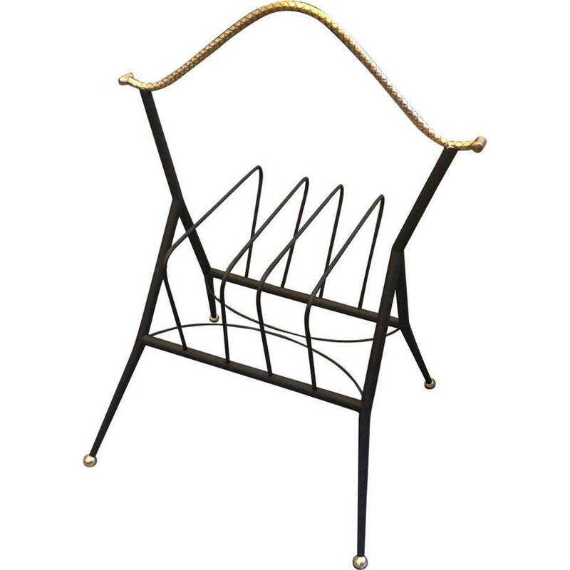 Mid-Century Black Metal and Brass Magazine Rack circa Italian 1950