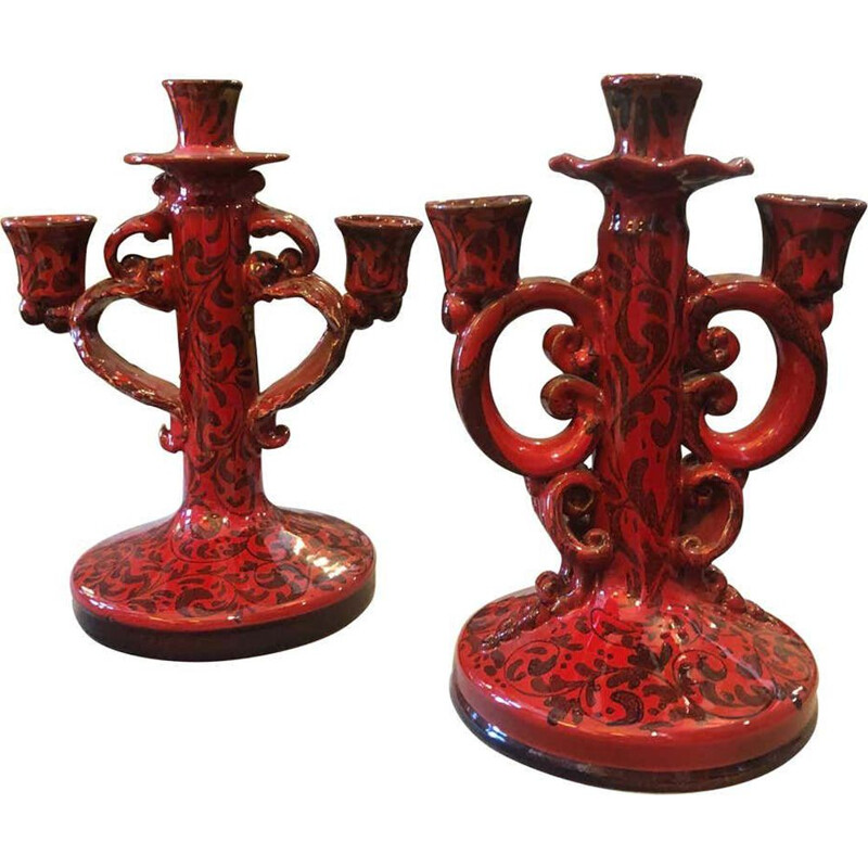 Two Vintage Hand Painted Baroque decorated Terracotta Sicilian Candelabras