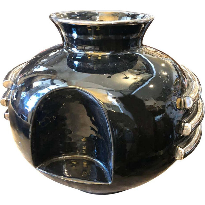 Vintage Black and Silver Ceramic Vase circa Italian 1930