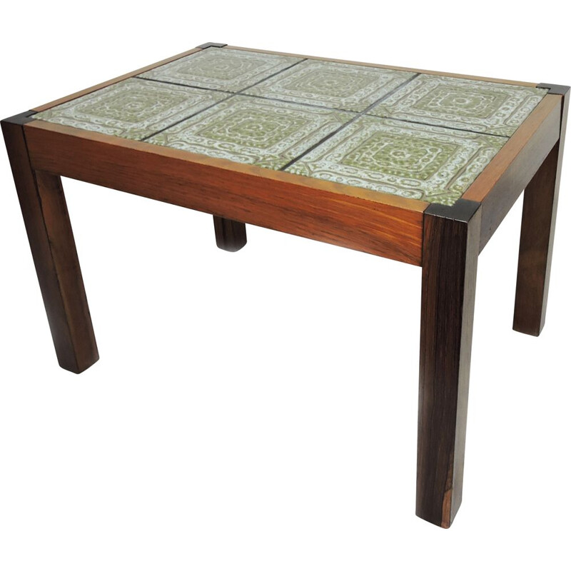 Vintage coffee table in rosewood and green tiles, 1970