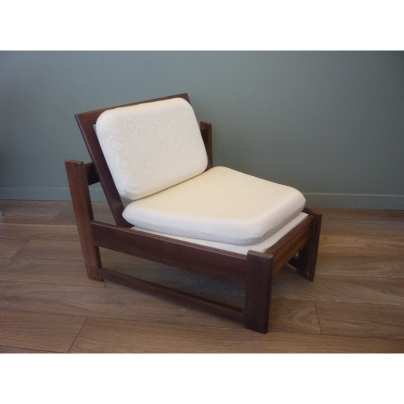 Scandinavian low chair in rosewood and cream satin - 1960s