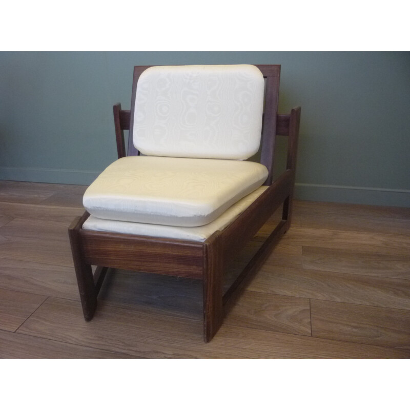 Scandinavian low chair in rosewood and cream satin - 1960s