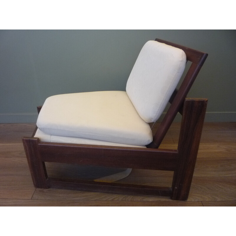 Scandinavian low chair in rosewood and cream satin - 1960s