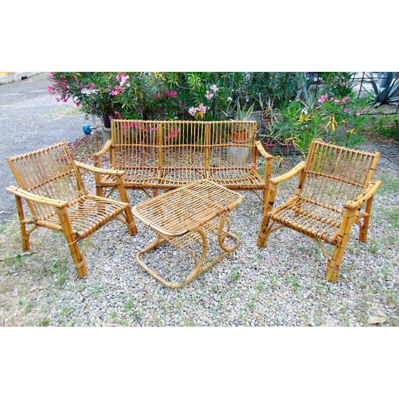 Set of Vintage bamboo chairs and  table outdoor  1970