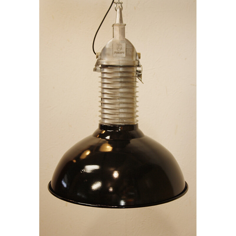 Industrial Philips hanging lamp in black enamelled aluminium - 1960s