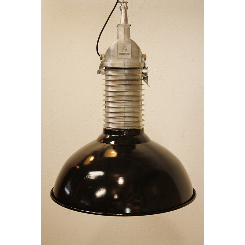 Industrial Philips hanging lamp in black enamelled aluminium - 1960s