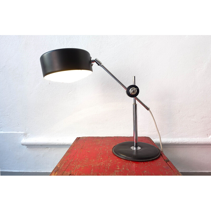 Lampe de bureau vintage Simris en cuir noir et chrome par Anders Pehrson pour Ateljé Lyktan 1970