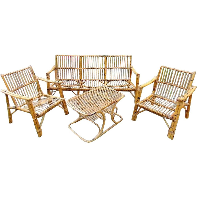 Set of Vintage bamboo chairs and  table outdoor  1970
