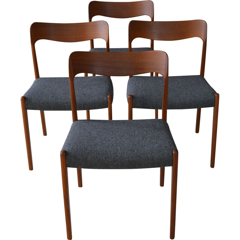 Set of 4 teak and grey fabric Scandinavian chairs - 1960s