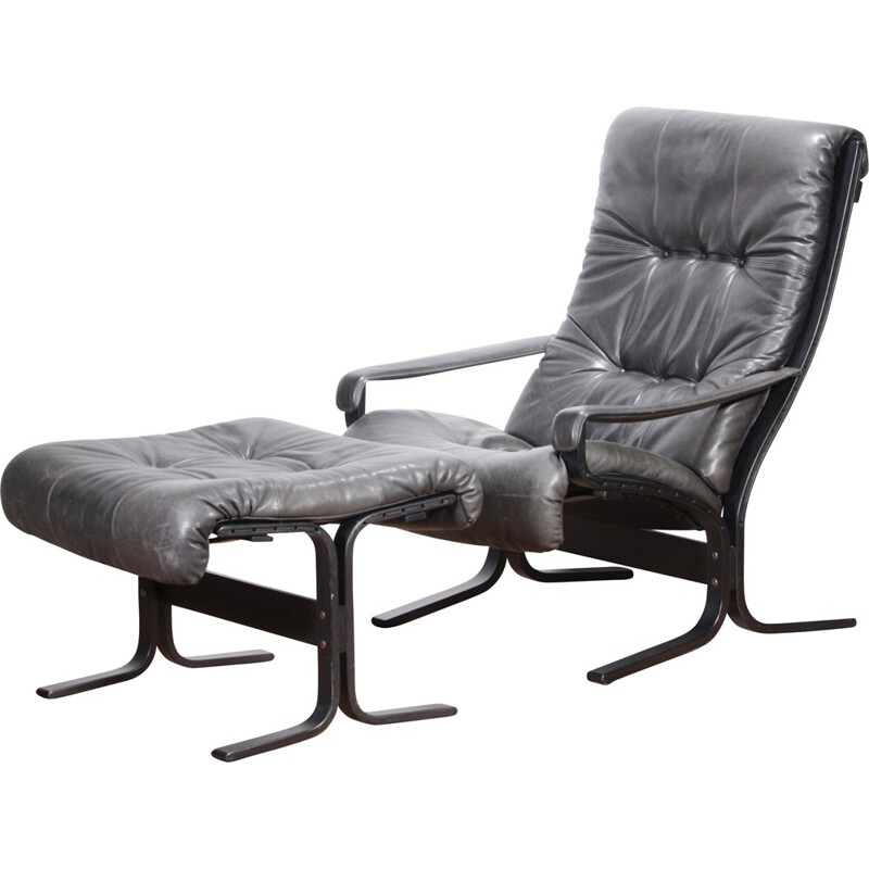 Fauteuil et ottoman Westnofa scandinave gris foncé en cuir, Ingmar RELLING - 1970