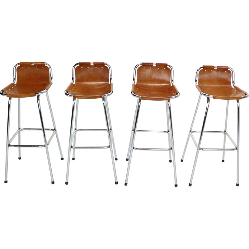 Set of 4 Vintage Leather Barstools by Charlotte Perriand