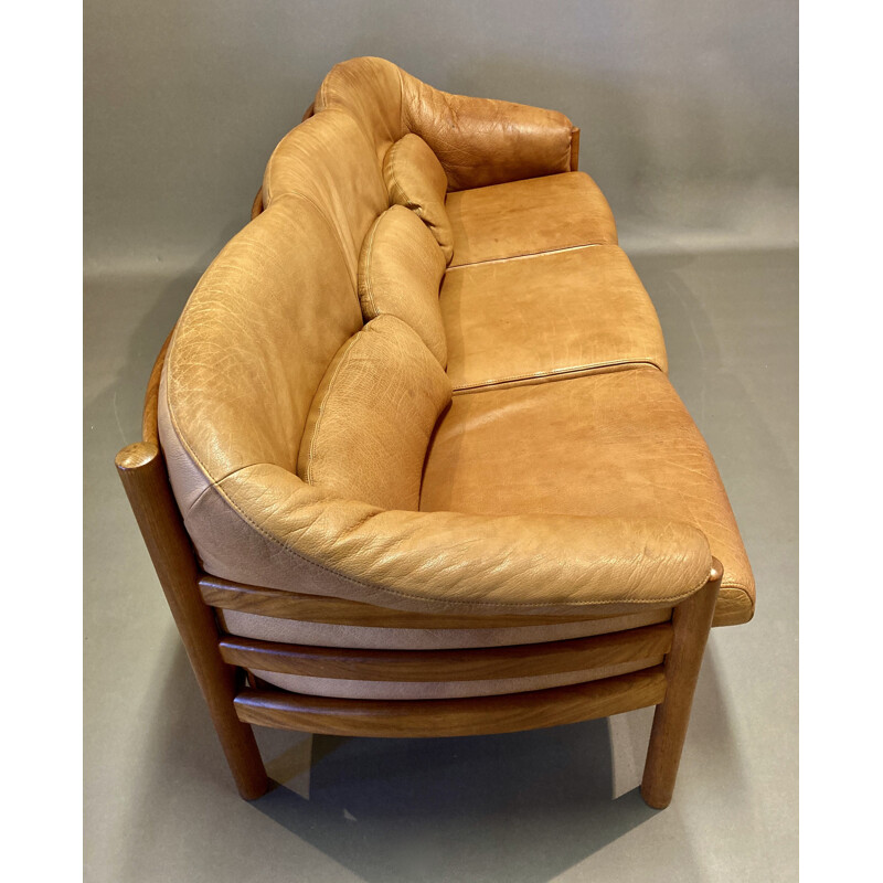 Vintage teak and leather sofa Scandinavian design 1960