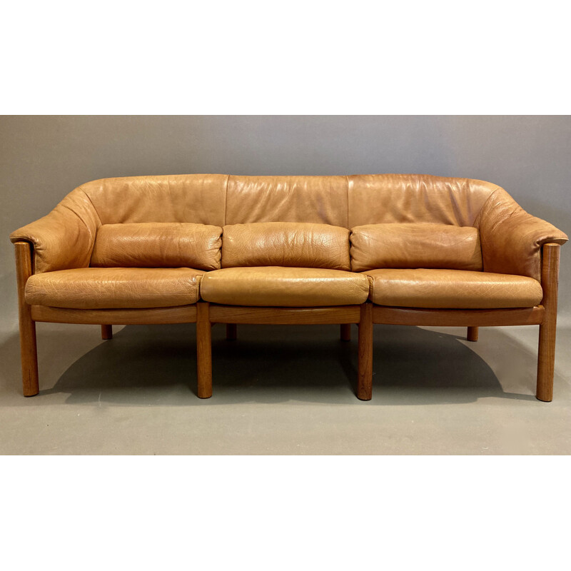 Vintage teak and leather sofa Scandinavian design 1960