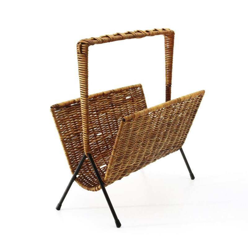 Vintage Black Metal and wicker magazine rack, 1950s