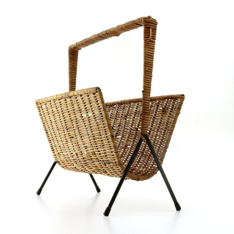 Vintage Black Metal and wicker magazine rack, 1950s